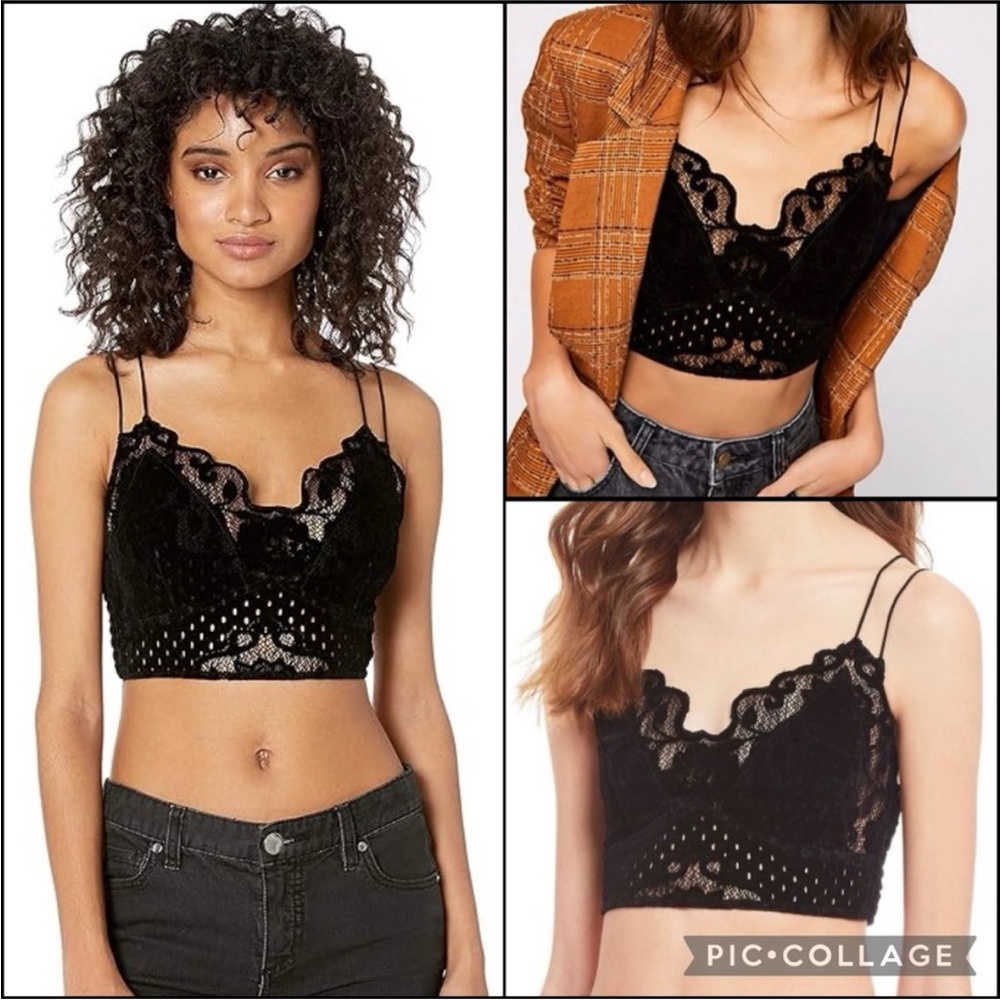 Free People One Black Madonna Flocked Velvet Adella Bralette Size XS
